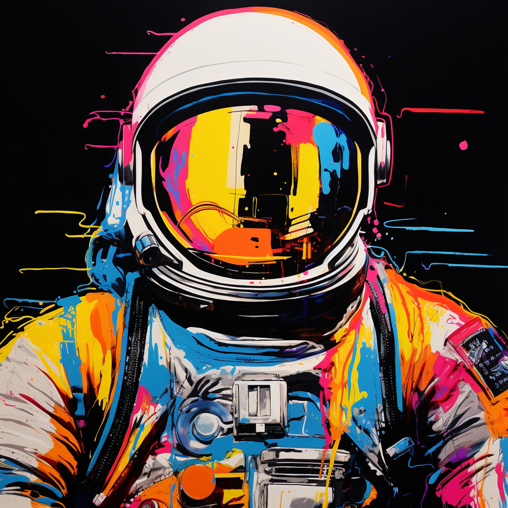 L'image présente un astronaute coloré, éclaboussé d'encre vive, avec un casque reflétant un paysage urbain, sur un fond noir