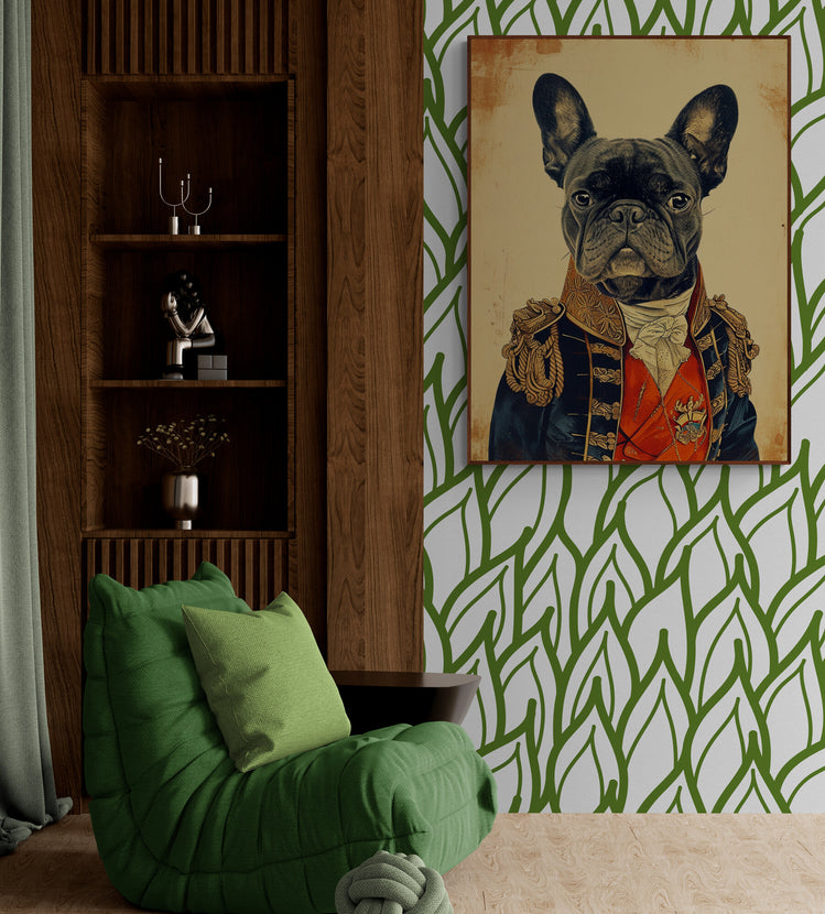 Portrait canin noble sur fond de papier peint géométrique dans un salon moderne chic