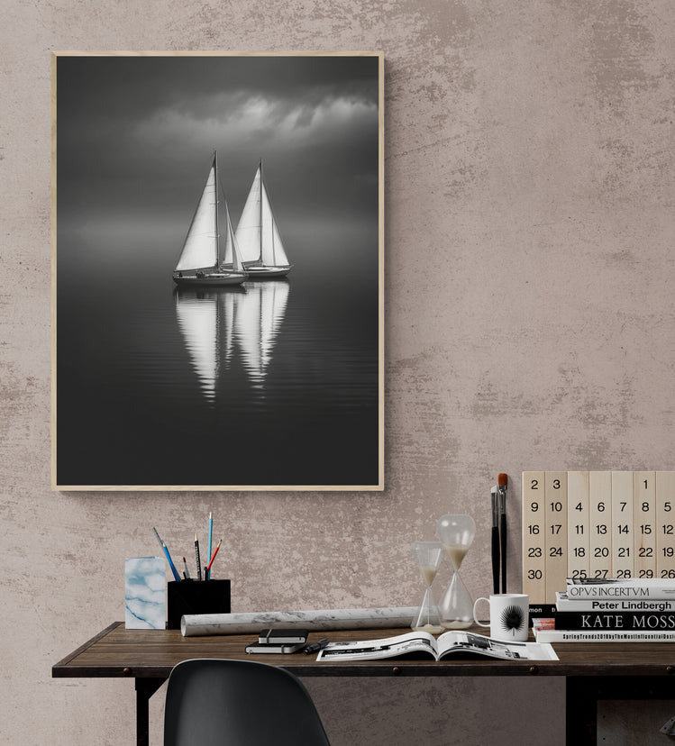 tableau voilier noir et blanc encadrer dans un cadre en bois clair et accroché au dessus d'un bureau