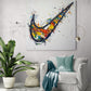 Salon moderne, murale Nike Swoosh, art abstrait coloré.