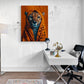 Léopard captivant, camouflé par un plaid tacheté, sur toile orange pour décorer un bureau
