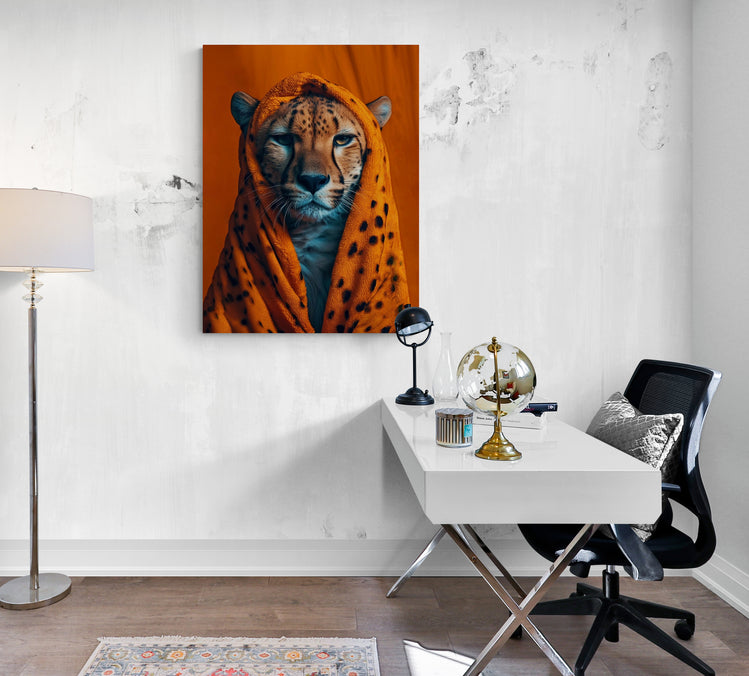 Léopard captivant, camouflé par un plaid tacheté, sur toile orange pour décorer un bureau
