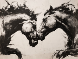 Artistic duel of horses in black and white, powerful and emotional expressionist style.