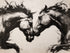 Artistic duel of horses in black and white, powerful and emotional expressionist style.