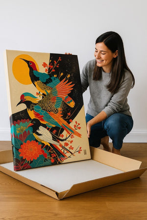 A smiling woman discovers a carefully packaged painting depicting a vibrant scene of exotic birds and bright flowers. The artwork, in vibrant shades of red, blue, and yellow, is placed in a reinforced protective box, ensuring safe delivery. The image conveys both the artistic beauty of the painting and the assurance of quality packaging, perfect for decorating an interior while ensuring reliable shipping.