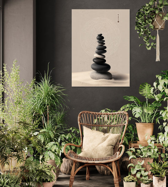 Équilibre zen de galets noirs empilés sur fond beige, ambiance naturelle et apaisante dans un salon avec plantes