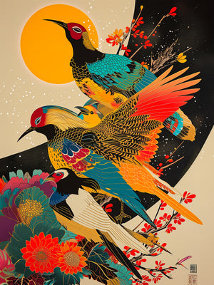 Une superbe illustration d’inspiration japonaise mettant en scène plusieurs oiseaux aux plumes éclatantes, entourés de fleurs exotiques. Le fond doré rehaussé par un soleil intense apporte une touche raffinée et harmonieuse, parfaite pour une décoration murale élégante et artistique.