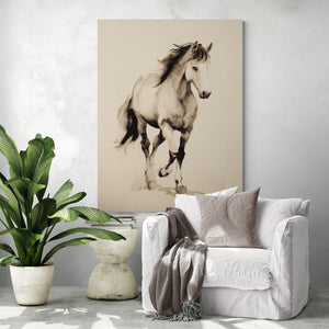 Large format painting of a horse drawn in ink, hung in a modern, minimalist living room with a white armchair, gray throw, and a green plant adding a natural touch.