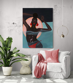 A cozy white chair complemented by a modern ethnic canvas, creating a striking contrast in a tranquil setting.