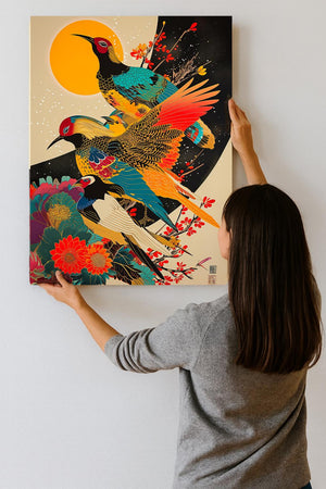 Femme accrochant un tableau japonais coloré représentant trois oiseaux exotiques et des fleurs rouges, sous un grand soleil doré, sur un mur intérieur blanc.