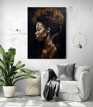 Living room art with a Black woman in profile, oil texture on copper reveals captivating beauty.