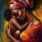 tableau amour maternel africain évoqué avec couleurs vibrantes et délicats détails.