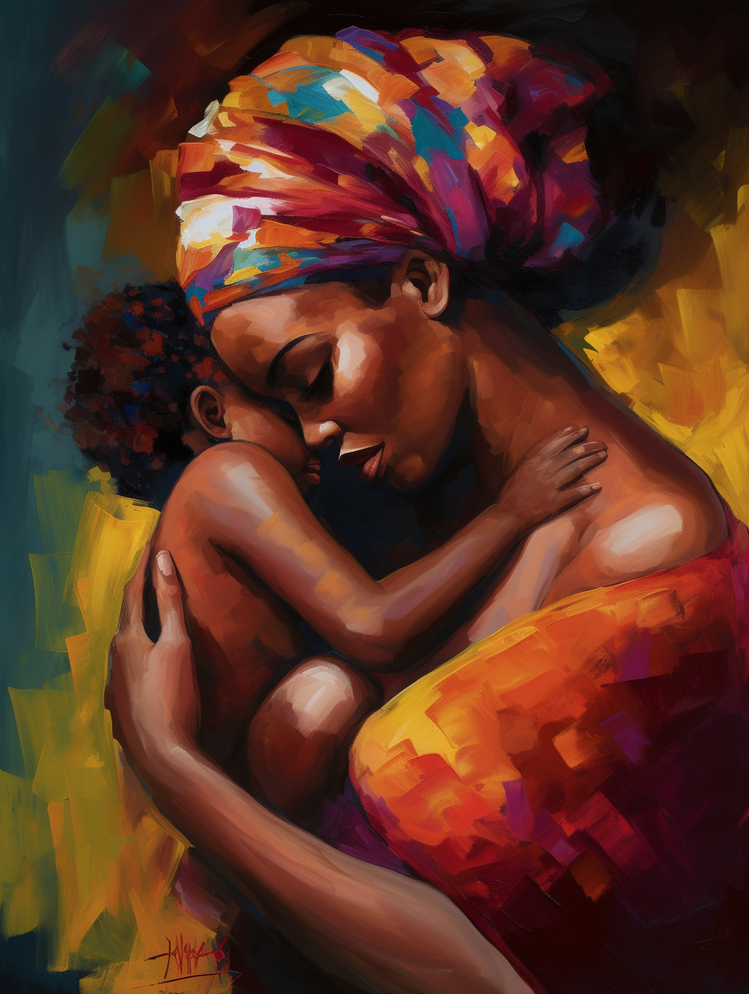 tableau amour maternel africain évoqué avec couleurs vibrantes et délicats détails.