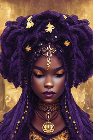 printed canvas of a black woman drawing inspiration from art with dark skin, long purple hair, adorned pearls, and gold accents.
