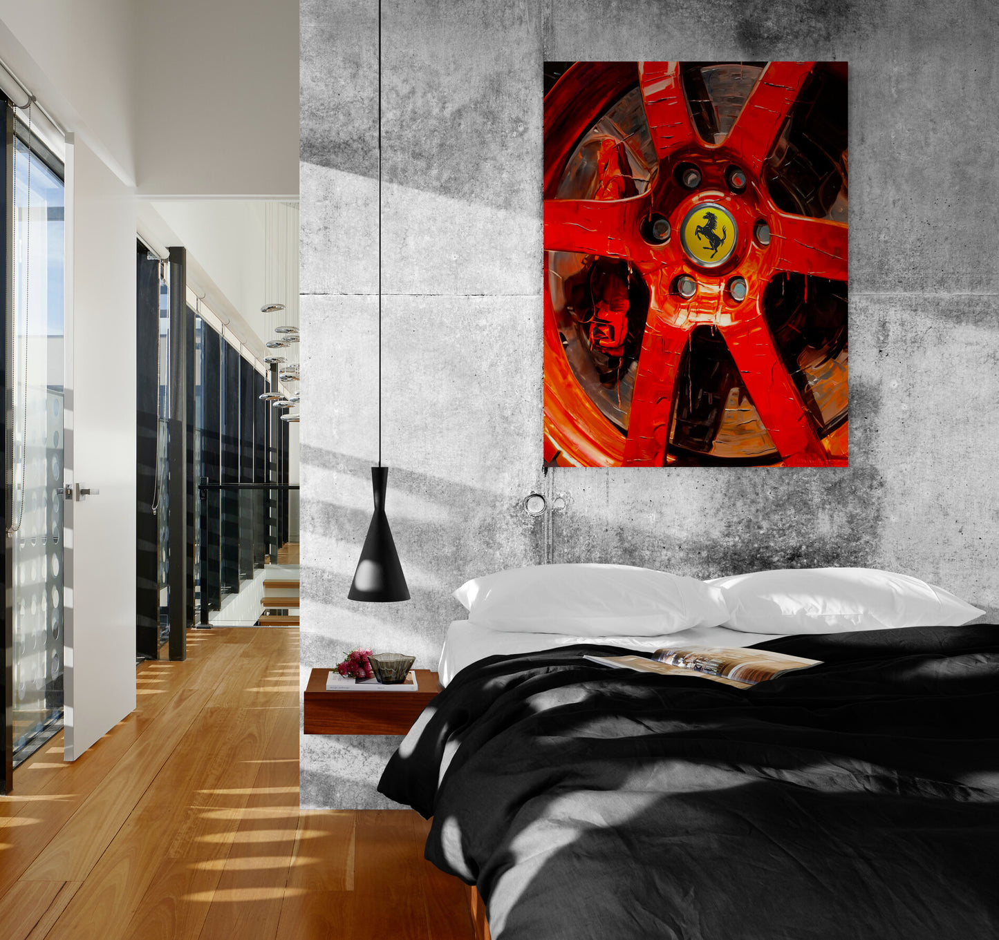 déco murale Ferrari rouge, touche audacieuse à une chambre masculine de style industriel et loft.
