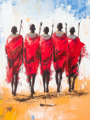 Five figures in red robes walk across a plain, vibrant and ethnic impressionist style