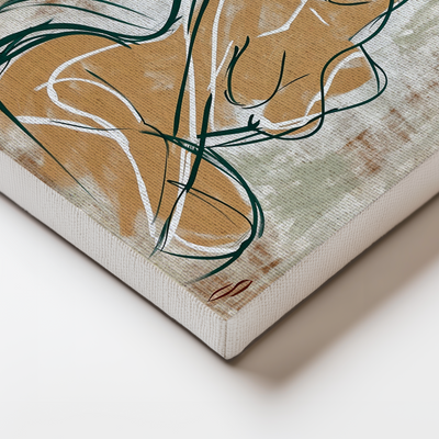 Toile abstraite avec finition bord blanc, aux tons beige et vert, imprimée sur les bords pour un rendu élégant et moderne. Texture de toile visible et effet de relief soigné.