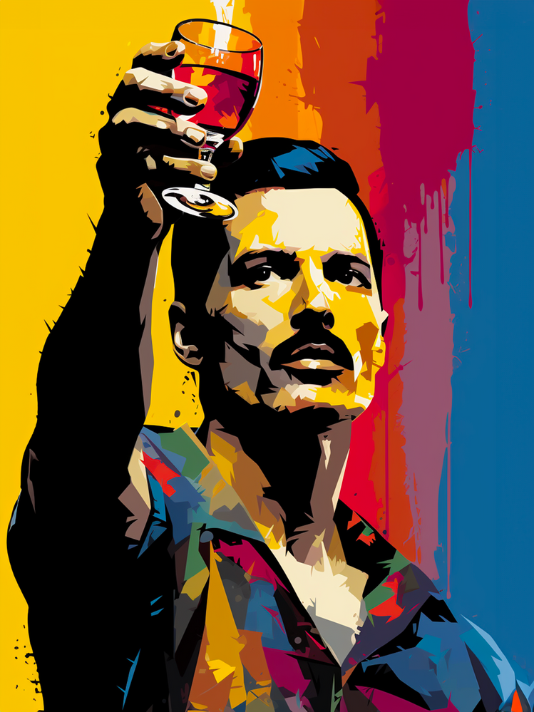 Freddie mercury légende du rock au style artistique coloré lève un verre de vin avec un arrière-plan vibrant de jaune, orange et bleu.