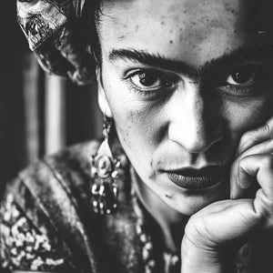 Portrait serré et intense en noir et blanc: rida Kahlo en gros plan, menton posé sur la main, regard perçant. Expression concentrée, texture de peau visible, lumière douce. Photo puissante en noir et blanc