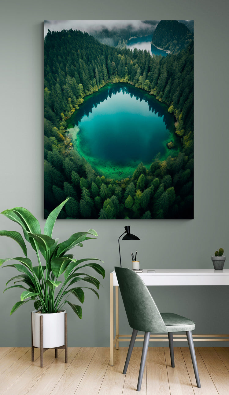 mage représentant une forêt dense entourant un lac turquoise, affichée dans un intérieur avec une chaise verte moderne et une grande plante d'intérieur