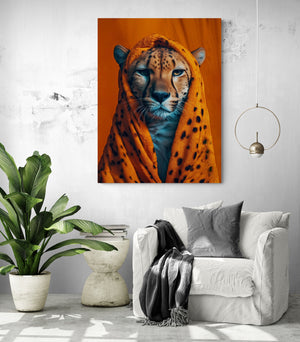 Mysterious cheetah wall portrait, wrapped in a blanket, interior decor for living room