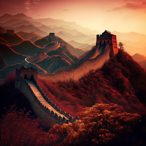 autumn landscape photo of the Great Wall of China, shades of red