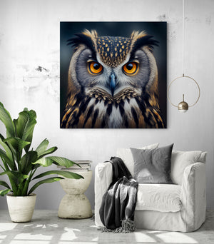 Nocturnal bird portrait art, mysterious for living room.
