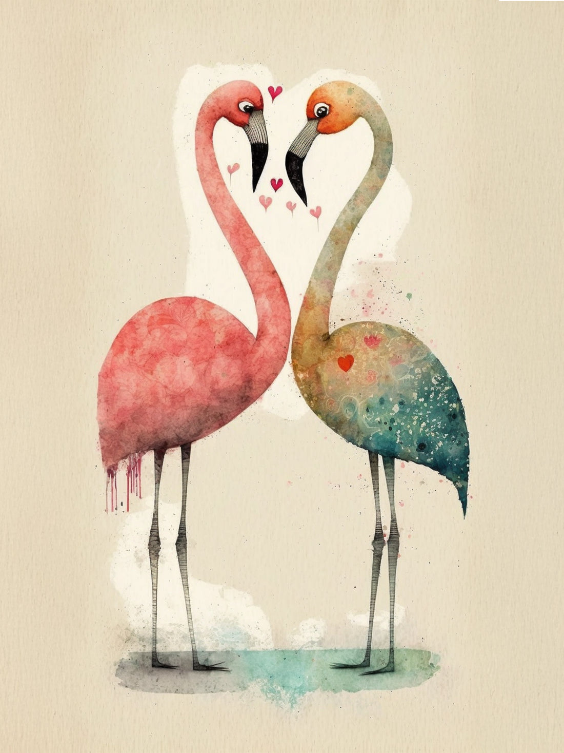 Toile Flamants roses - Cœur romantique pastel