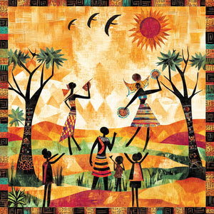 Vibrant illustration depicting an African life scene with silhouettes dancing under a bright sun. The landscape features colorful hills, two trees adorned with ethnic patterns and three birds in flight. The whole is framed by tribal motifs.
