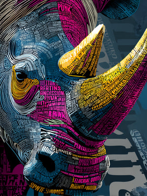 Stylized portrait of a rhinoceros, composed of multicolored words forming its features. Vibrant colors: yellow, pink, blue, and purple. Dark background, striking graphic ambiance.