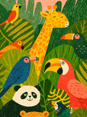 Illustration vibrante d'animaux exotiques dans une jungle colorée, style naïf, idéal pour une chambre d'enfant