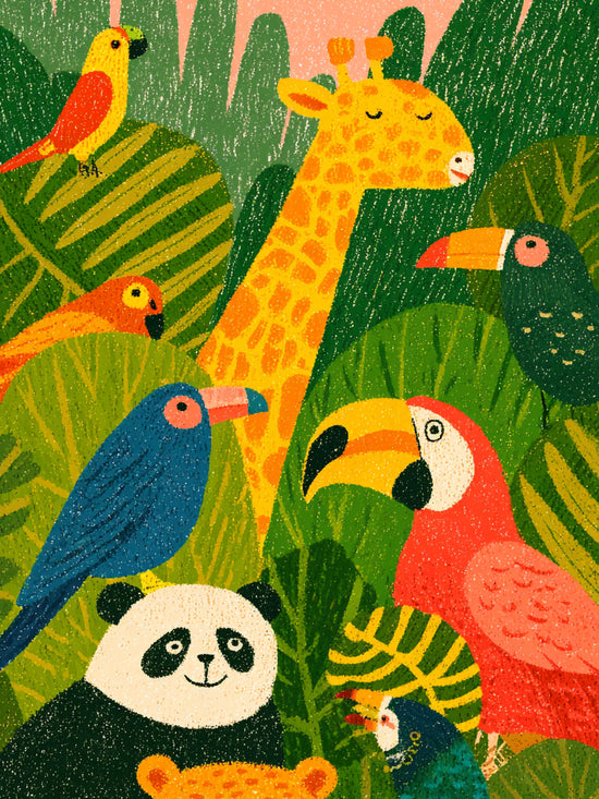 Vibrant illustration of exotic animals in a colorful jungle, naive style, perfect for a child's room