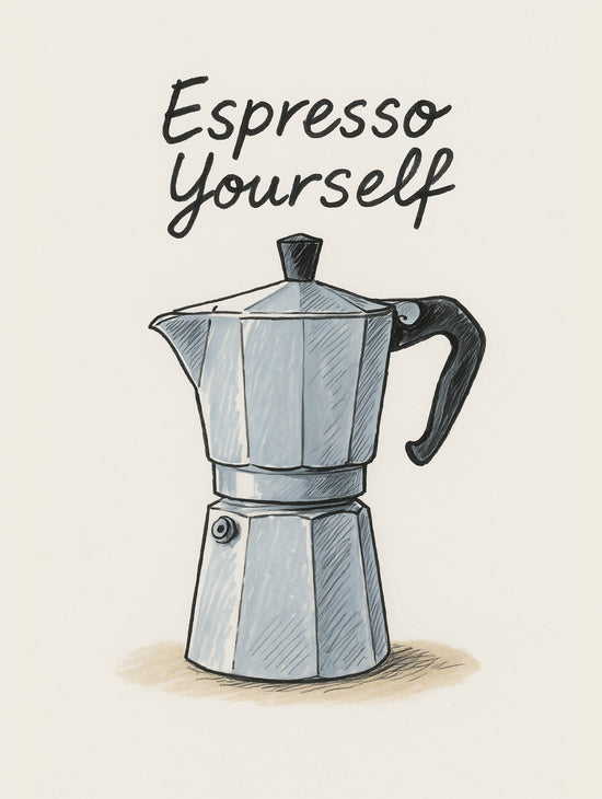 Stylized moka pot illustration with a humorous quote, retro kitchen coffee wall art