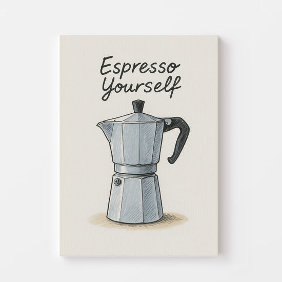 Stylized illustration of a moka pot with humorous quote, creating a retro kitchen vibe.