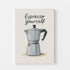 Stylized illustration of a moka pot with humorous quote, creating a retro kitchen vibe.