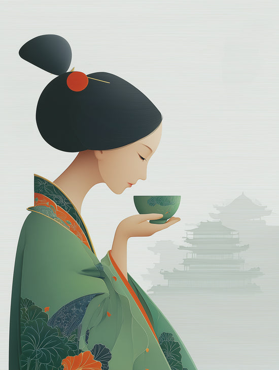 Elegant green kimono woman illustration holding a teacup – minimalist Asian art print