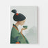 Elegant green kimono woman illustration holding a teacup – minimalist Asian art print