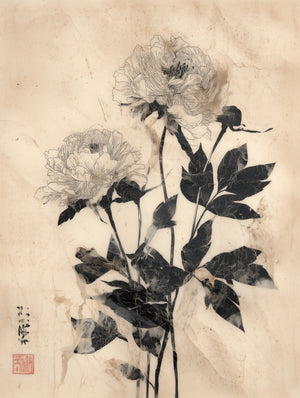 Vintage botanical-style illustration of peonies in black and white, oriental charm