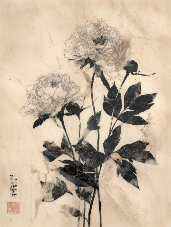 Vintage botanical-style illustration of peonies in black and white, oriental charm