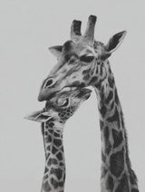 Illustration monochrome de girafes capturant la tendresse familiale, parfait pour un salon moderne