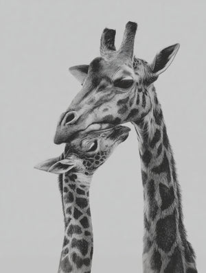 Monochrome giraffe illustration capturing family tenderness, perfect for a modern living room.