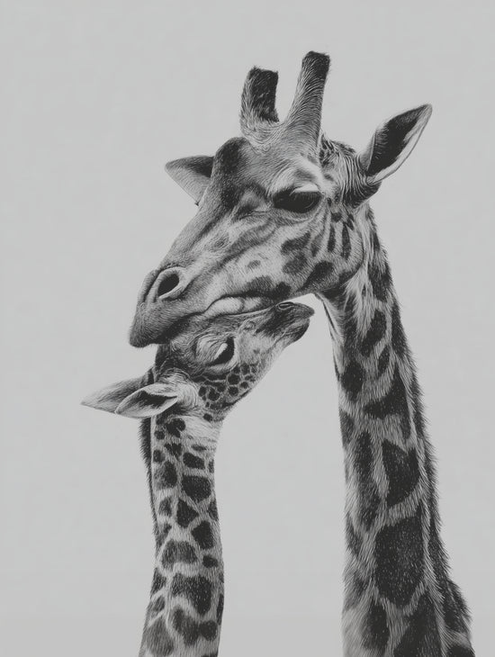 Monochrome giraffe illustration capturing family tenderness, perfect for a modern living room.