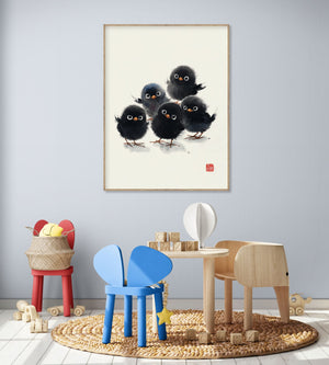 Illustration of black chicks in a modern child's room, playful atmosphere