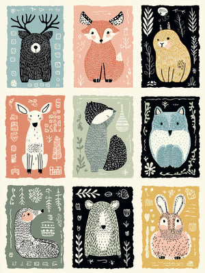 Neuf illustrations d'animaux stylisés sur fond coloré, ambiance douce et ludique pour une chambre d'enfant