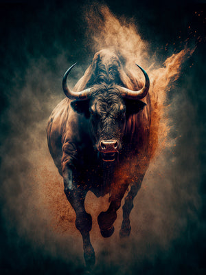 Cette toile murale présente un taureau en mouvement, capturé avec intensité et puissance dans un style artistique dramatique