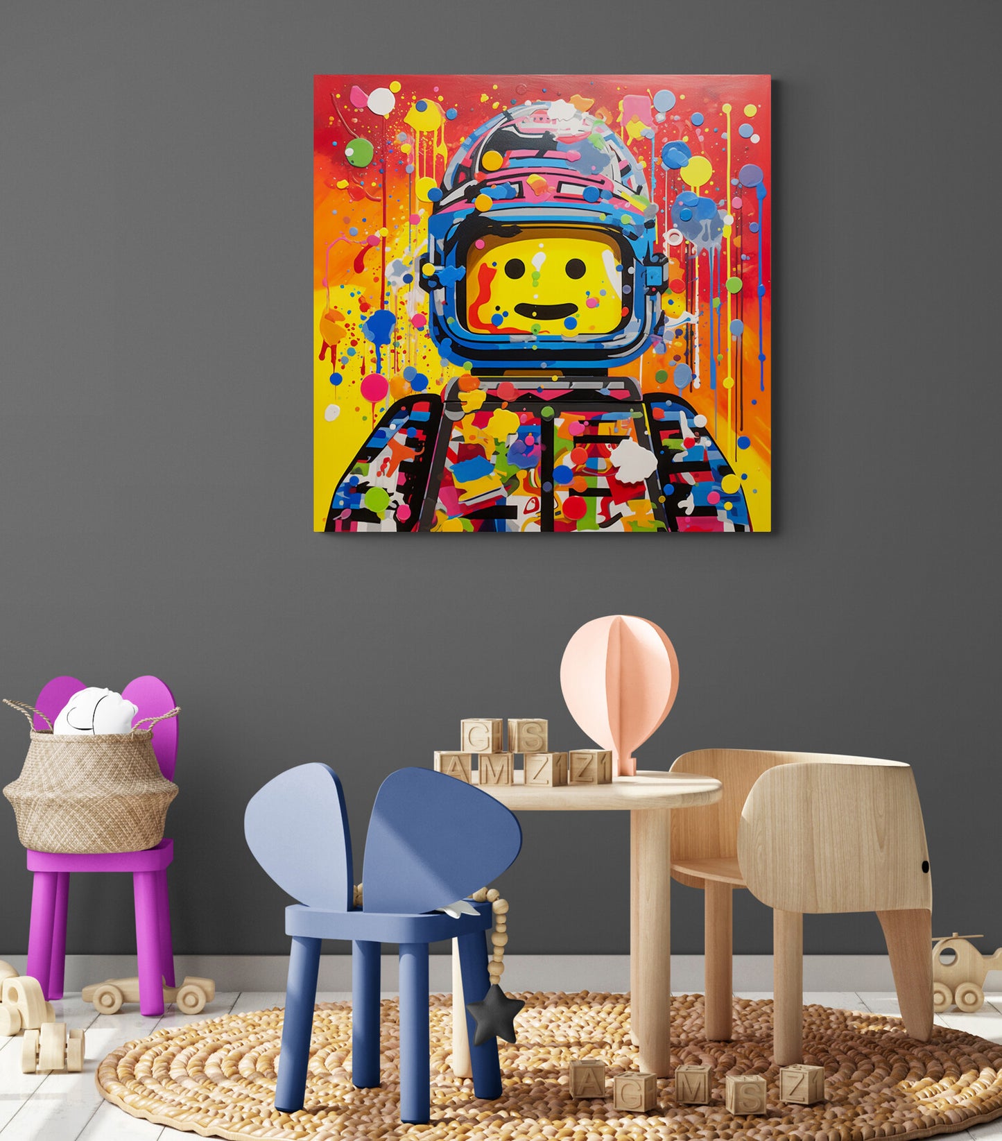 Tableau Legos dans salle de jeux pour enfant, complétant l'ambiance ludique et créative de l'espace