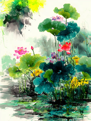 Lotus and aquatic leaves in colorful watercolor, zen and soothing ambiance