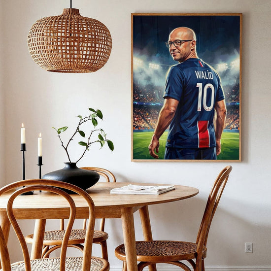 Framed personalized soccer poster in wood, on the wall of a light-wood dining nook