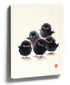 Minimalist Chinese ink painting of five expressive black chicks