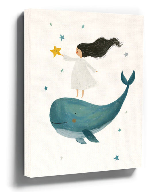 Dreamy whale and girl nursery wall art print for a minimalist kids room